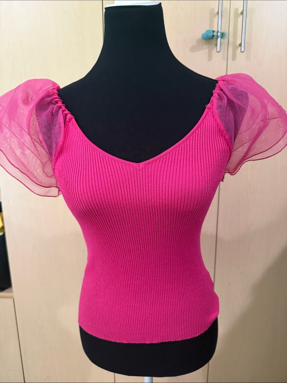 Whimsical Jealous Tomato Hot Pink Ribbed Knit Top with Sheer Puff Sleeves